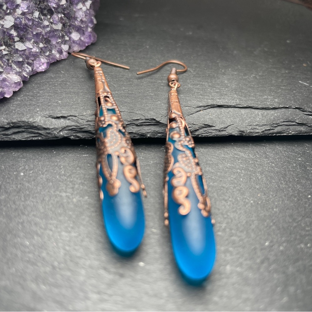 Artisan Boho Elegant Brilliant Blue Frosted Glass Antique Copper Drop Earrings - Picture 4 of 11